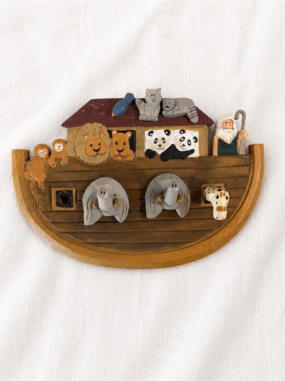 Vintage Handpainted Wooden Noah's Ark Wall Hook Rack - Brown Multi-Color